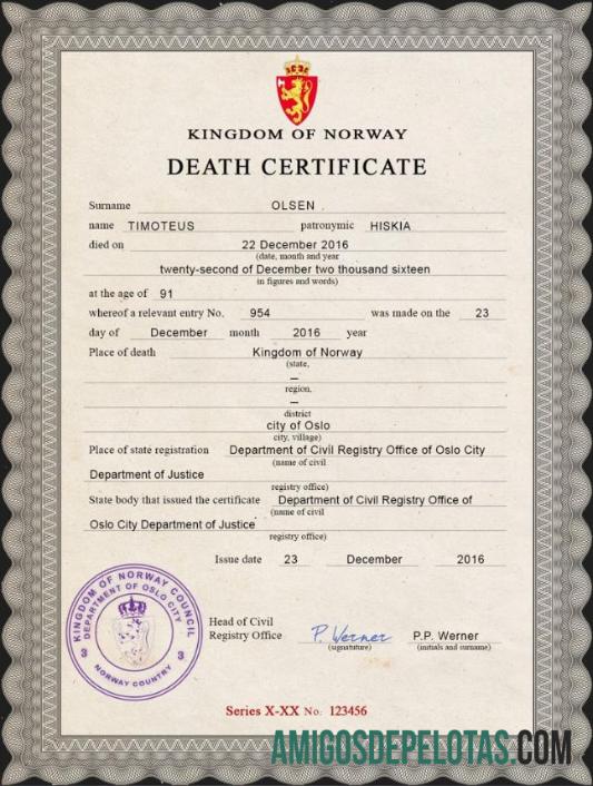 Imprimível modelo PSD de certidão de óbito de registro vital da Noruega